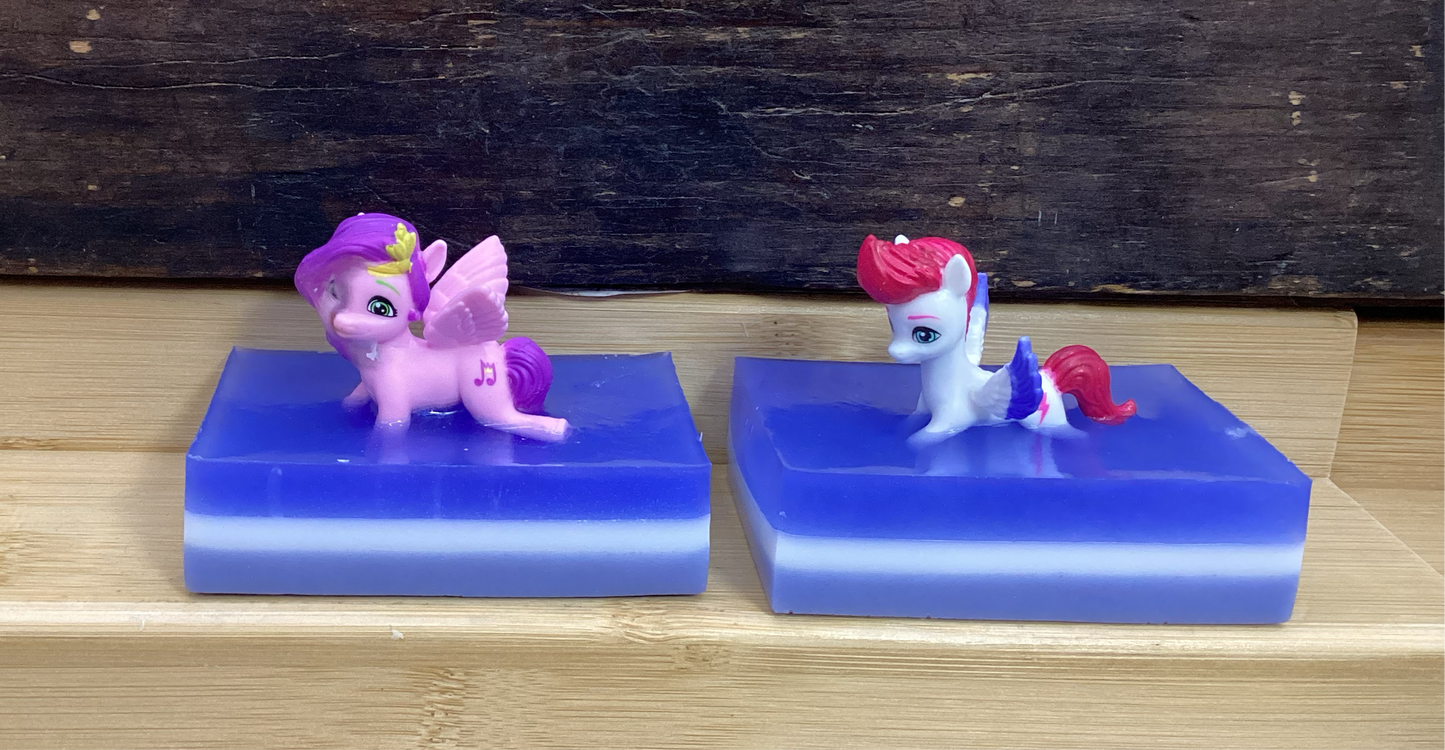 My Little Pony Toy on a Bar of Shea Butter and Glycerin Soap