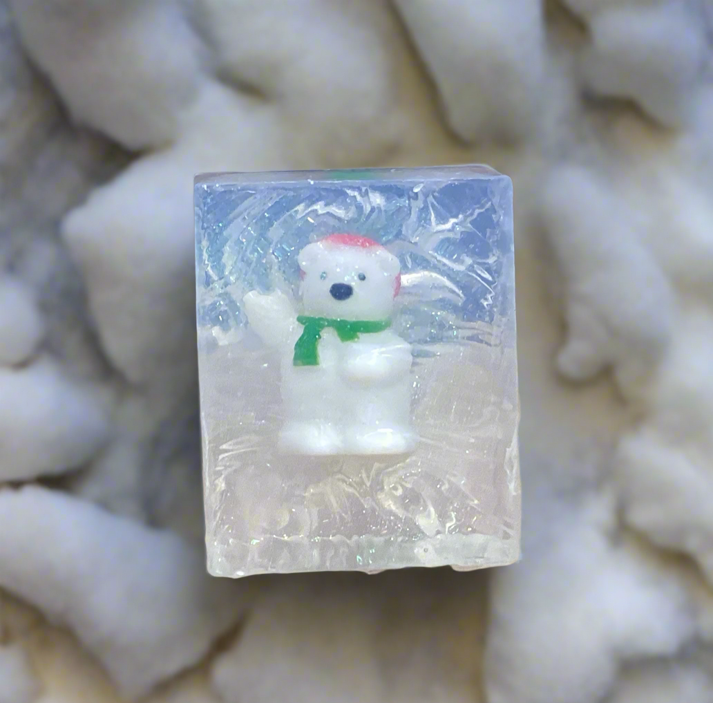 Polar Bear Finger Puppet in a bar of peppermint scented Glycerin Soap