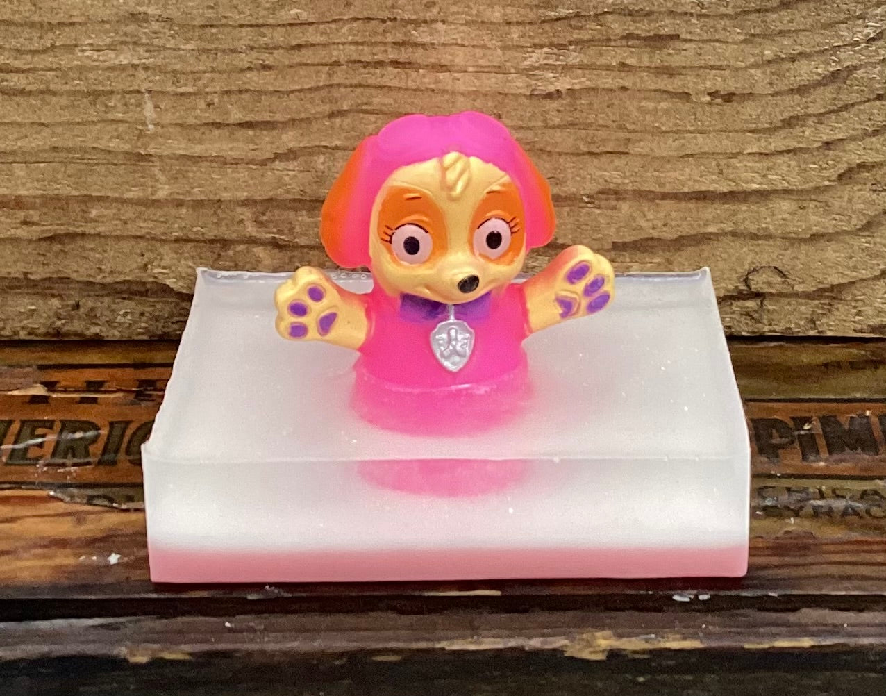 PAW Patrol Toy on a Bar of Bubble Gum Scented Shea Butter and Glycerin Soap