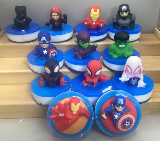 Super Hero Finger Puppet on a Bar of Candy Crush scented Shea Butter and Glycerin Soap.

$8 each

These would make a wonderful birthday party favor.  Each item is individually made and may appear different from the photo.  Different Toys available.  