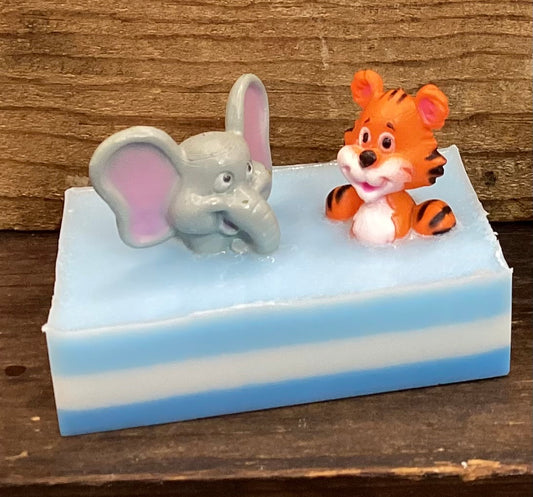 Zoo Animal Toys on a Bar of Monkey Farts Scented Glycerin Soap