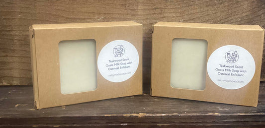 This is a 4 oz bar of Teakwood scented Goats Milk Soap with Oatmeal Exfoliant.  This is a classic scent in a moisturizing bar of soap.  It makes bathtime a spa-like experience!

Each item is individually made and may appear different from the photo.
