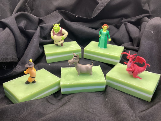 Shreck toy sits atop a bar of Monkey Farts scented Shea Butter and Glycerin soap.  Please let me know which town you would like when ordering!  $8  Each item is individually made and may appear different from the photo.  Toys may appear different from photos.