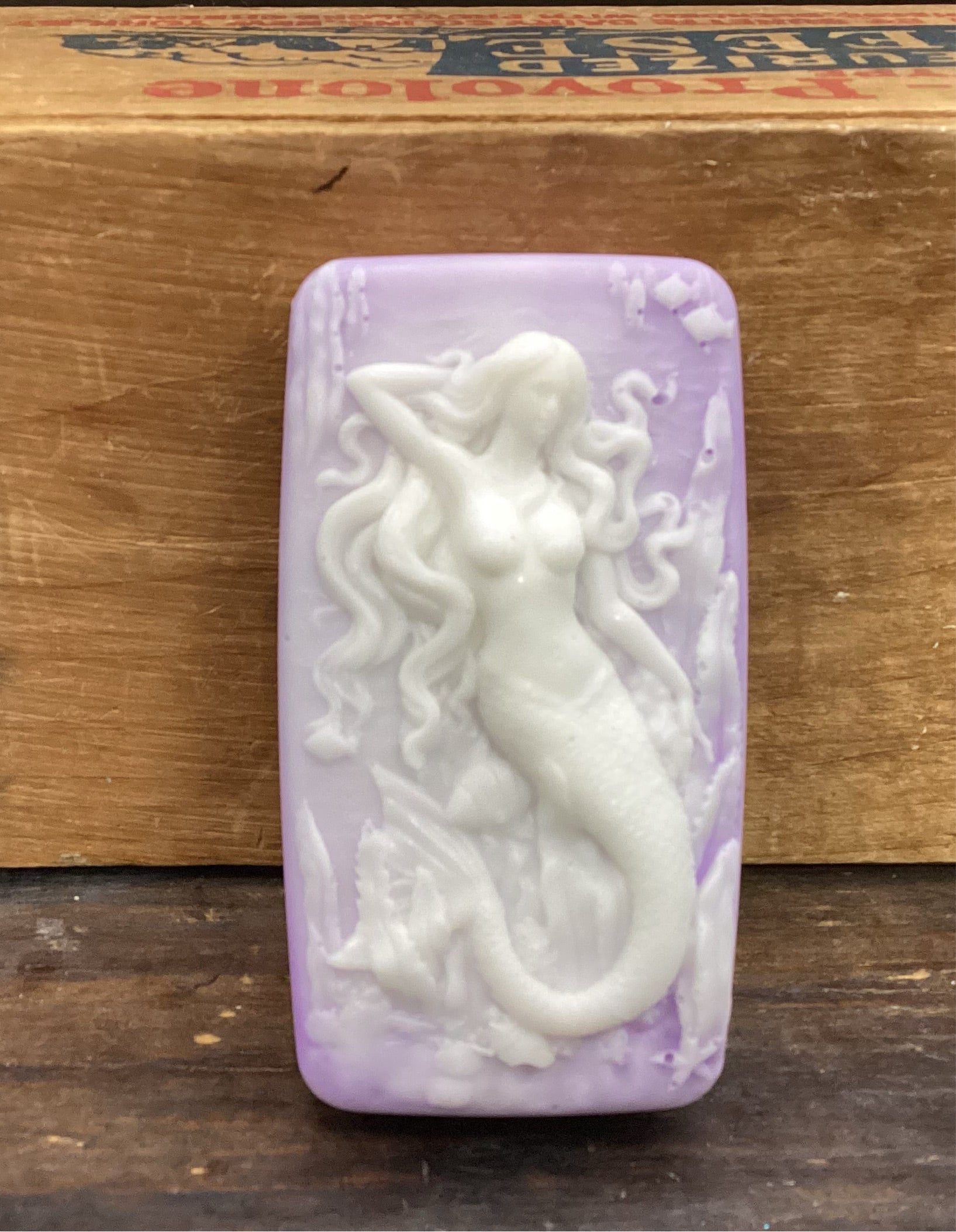 Mermaid on a bar of Lavender scented Shea Butter and Glycerin Soap