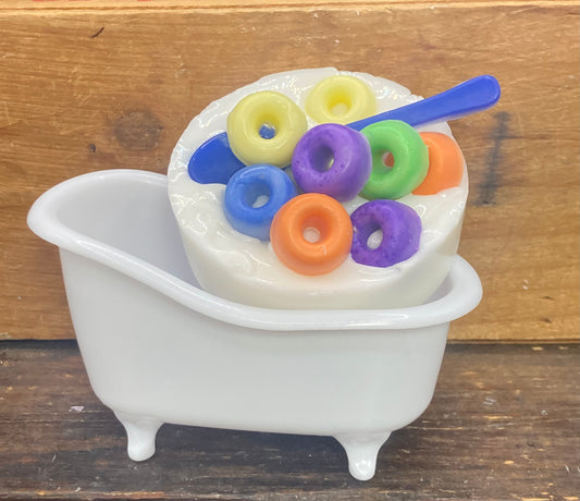 What could be better than eating a bowl of Fruit Loops?  The chance to take a bath with a  bowl of Fruit Loops scented Shea Butter Soap!  Complete with a soap spoon too!  Yep!  Fruit Loops scented soap.  I promise it smells just like your favorite breakfast cereal.    These would be a wonderful birthday party or baby shower favors!    Each one is individually made and may appear different from the photo.  These are soap, and not meant to be eaten.