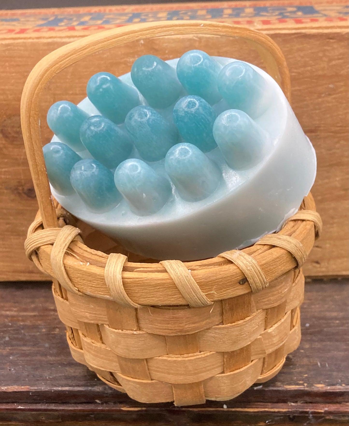 A soothing massage bar of Eucalyptus Mint Scented Goats Milk Soap.  This is the bar with the bumps that make a wonderful spa-like experience.