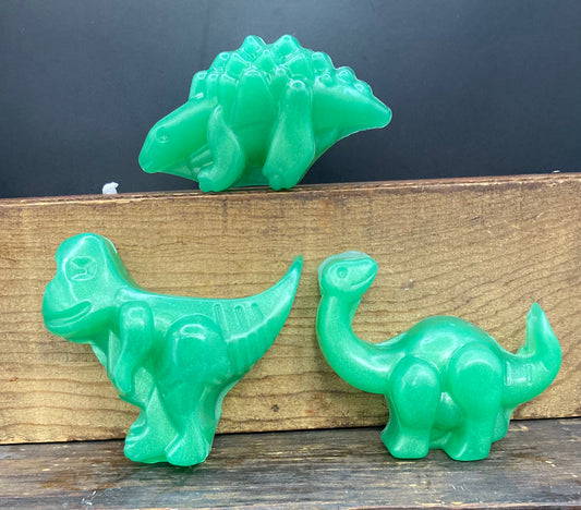 Bright Green dinosaur shaped soap glycerin soaps.  Three different dinos to choose from.  Fruit Loops scented