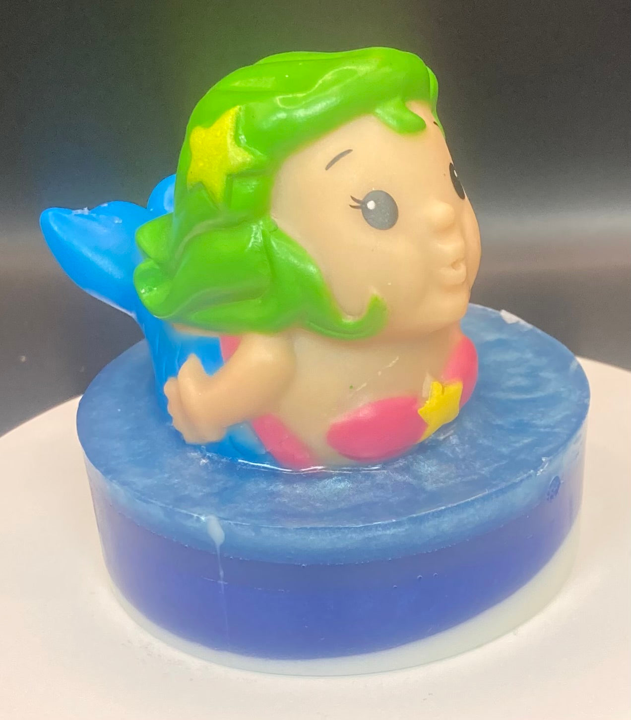 Green-Haired Mermaid Squirt Toy on a Bar of Bubble Gum scented Shea Butter and Glycerin Soap