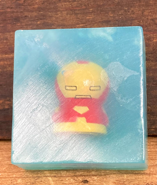 Ironman finger puppet in a bar of Glycerin Soap