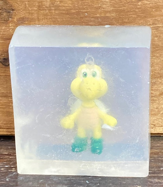 Koopa Troopa toy atop a bar of Monkey Farts scented Shea Butter and Glycerin soap.  These would make great birthday party favors!  $8  Each item is individually made and may appear different from the photo.  Toy may vary from photo.