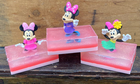 Minnie Mouse Toy sits atop a bar of Bubble Gum scented Shea Butter and Glycerin soap.   These would make an awesome birthday party or baby shower favor!