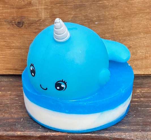 Narwhal toy atop a bar of Ocean Breeze scented Shea Butter and Glycerin soap.  These would make great birthday party favors!  $8  Each item is individually made and may appear different from the ph