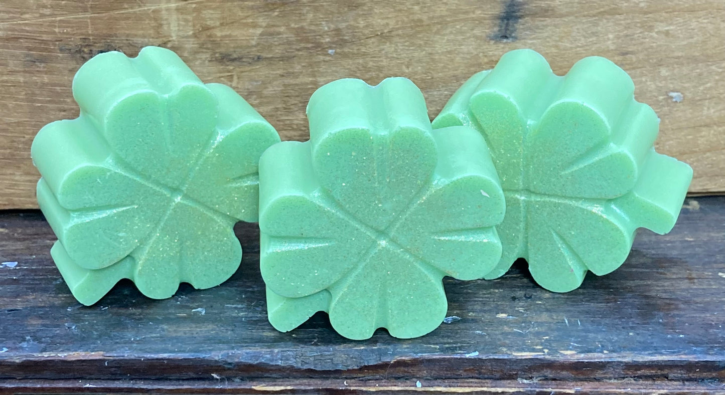 These cute shamrock-shaped guest goats milk soaps are Eucalyptus Mint scented and come with a touch of glitter!  They are $5 each.   