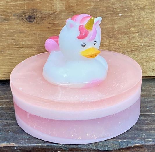  Unicorn Rubber Duck atop a bar of rainbow Bubble Gum scented Shea Butter and Glycerin soap.   These would make a wonderful party favor for the princess in your life!   $8  Each item is individually made and may appear different from the photo