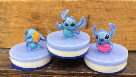 Stitch Toy on a bar of Monkey Farts scented Shea Butter & glycerin soap.   $8 each  Each item is individually made and may appear different from the photo.  Each toy is different and the soap may appear different from the photo. 