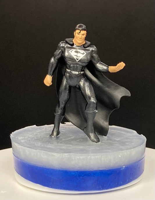 Superman Toy on a Bar of Shea Butter and Glycerin Soap, black outfit