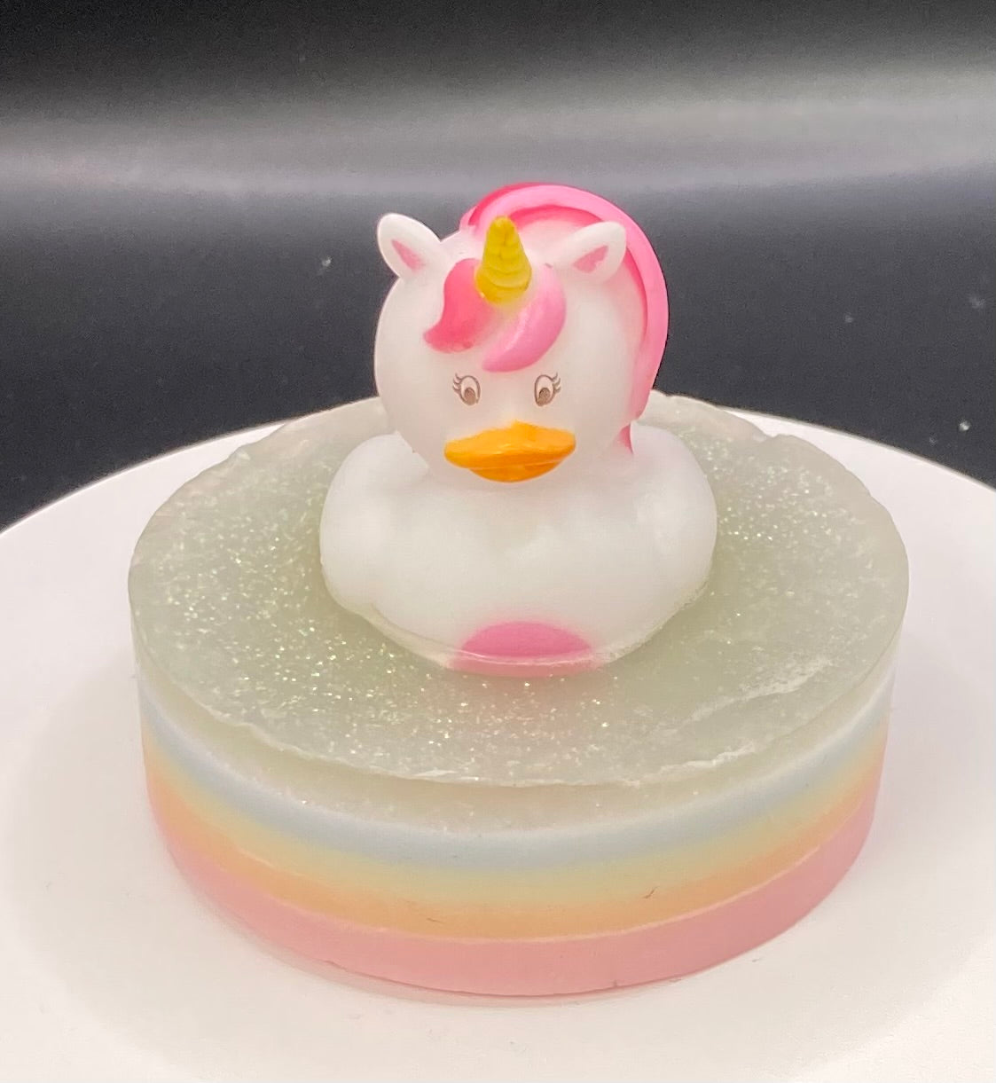 Unicorn Rubber Duck on a Rainbow Bar of Shea Butter and Glycerin Soap
