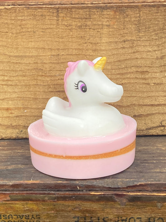 Unicorn Rubber Duck on a bar of Shea Butter and Glycerin Soap